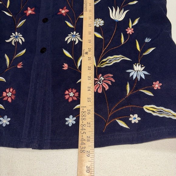 SUSAN GRAVER STYLE Shacket Jacket Shirt Navy‎ Embroidered Floral Velour Artsy XL - Picture 4 of 6